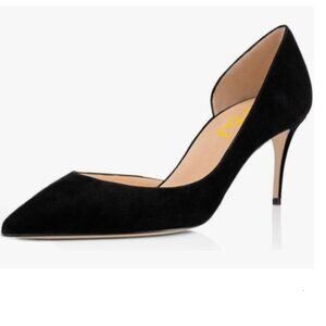FSJ Black Slip On D'Orsay Pumps Low Heels Pointed Toe Faux Suede Office Shoes
